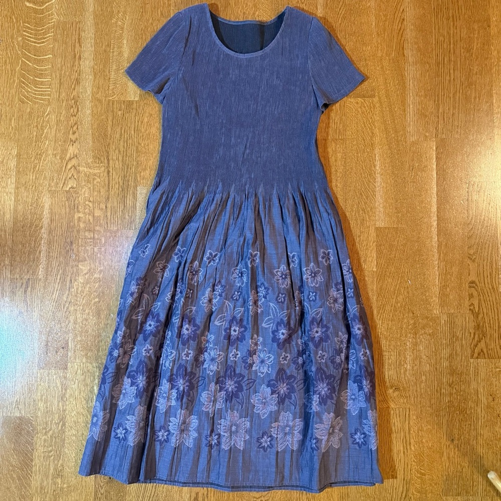 Handmade Women’s Short Sleeve Midi Dress Floral Purple Stretchy One Size